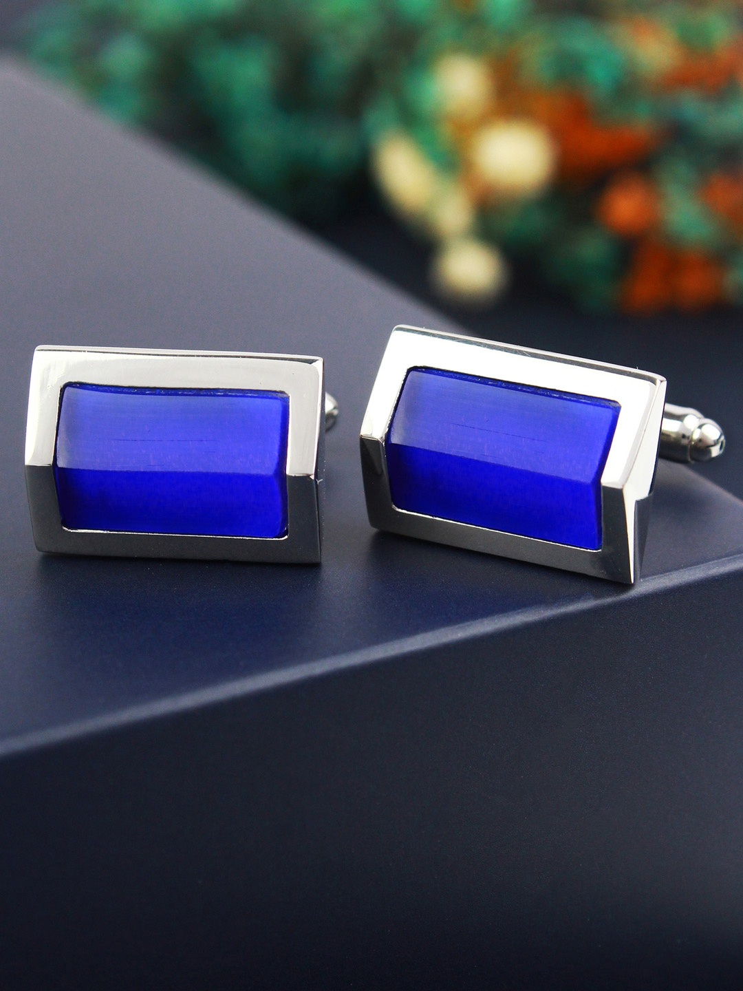 

PELUCHE Silver-Toned & Blue Rectangle Cufflink