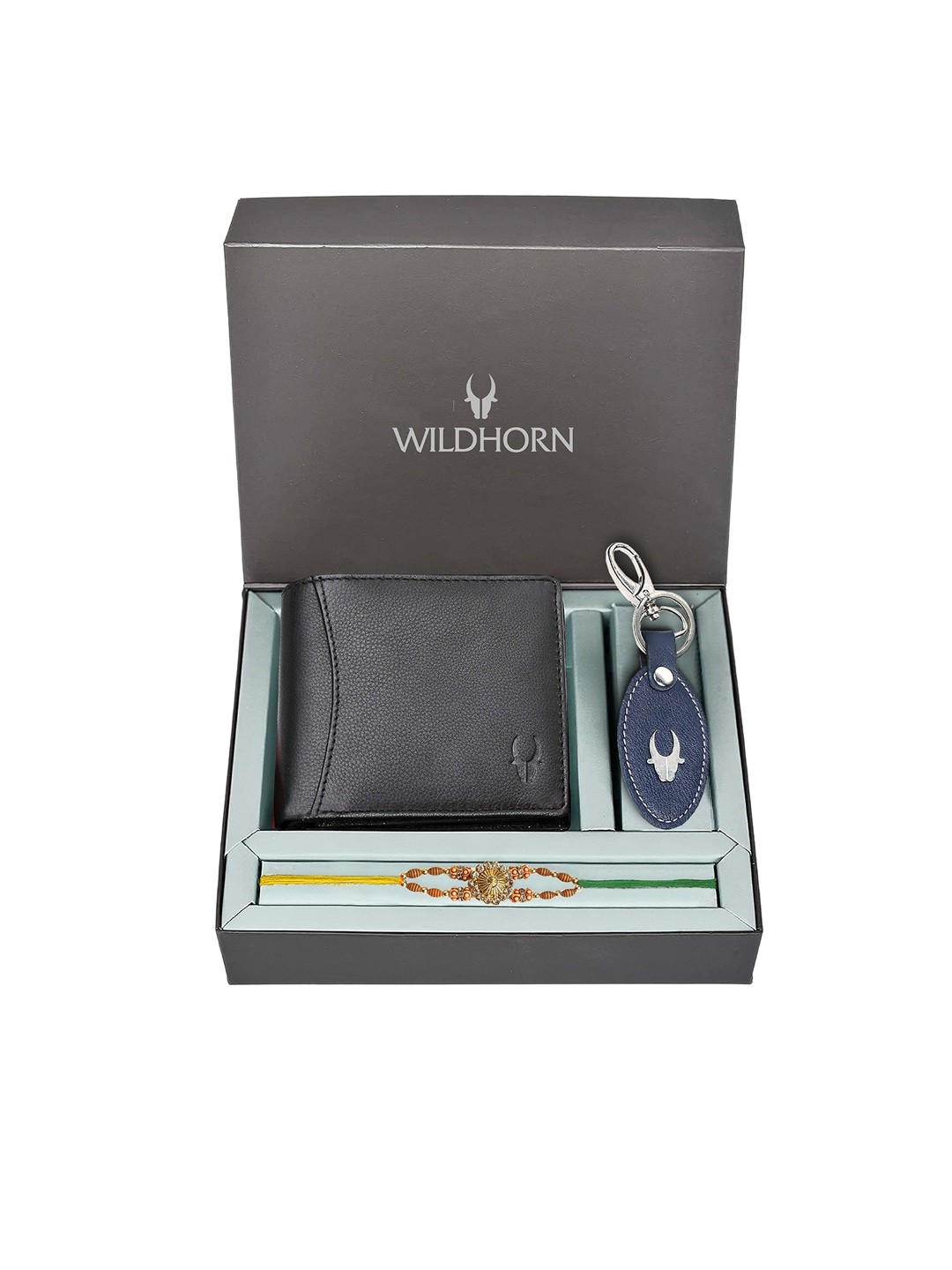 

WildHorn Men Genuine Leather Black Wallet and Blue Keychain Rakhi Combo Gift Set