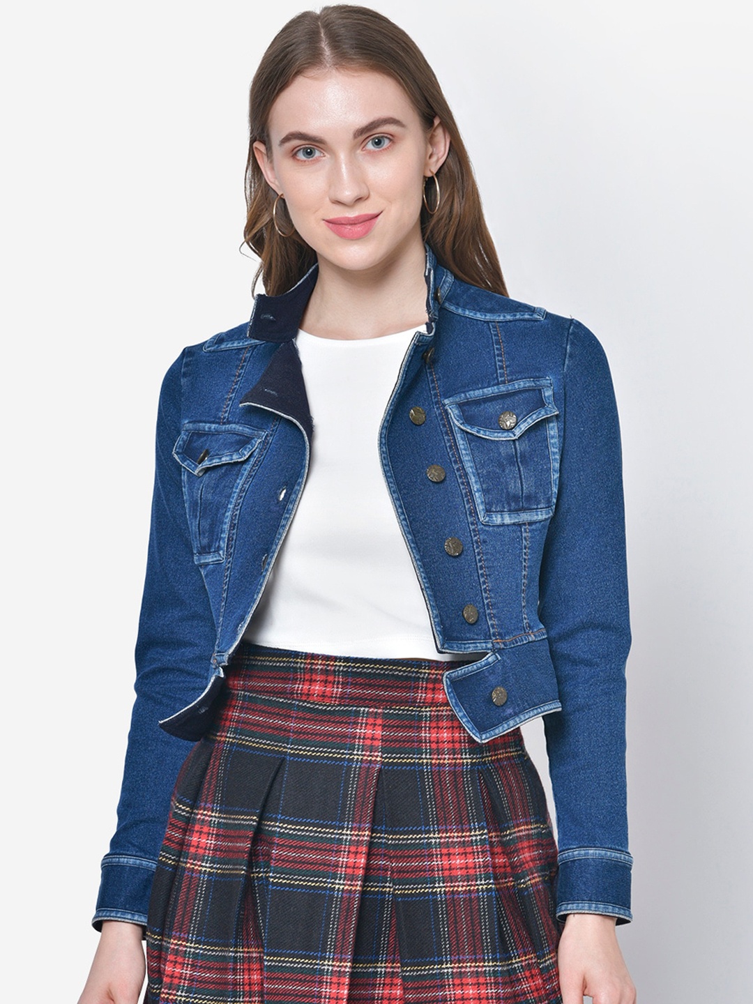 

Martini Women Blue Crop Denim Jacket with Patchwork