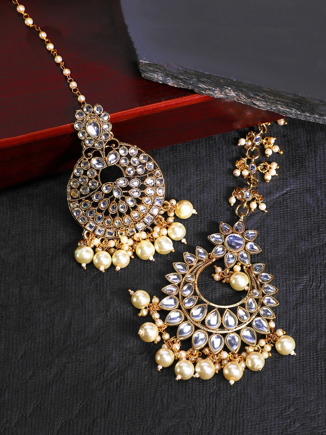

Yellow Chimes Set of 2 Gold-Plated White Kundan-Studded & Pearl Beaded Maang Tikka