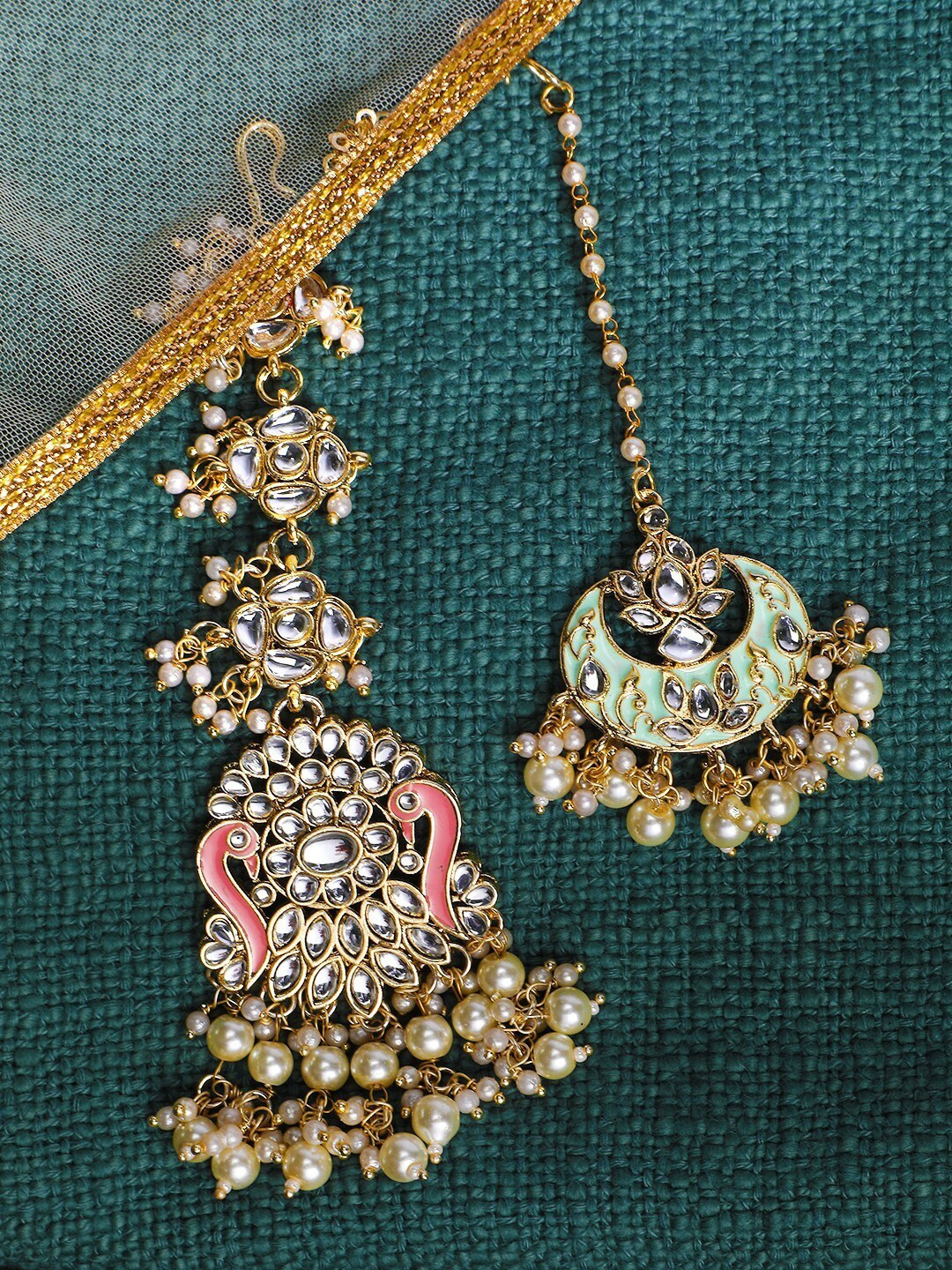 

Yellow Chimes Set Of 2 Gold-Plated Kundan-Studded & Beaded Meenakari Maang Tikka