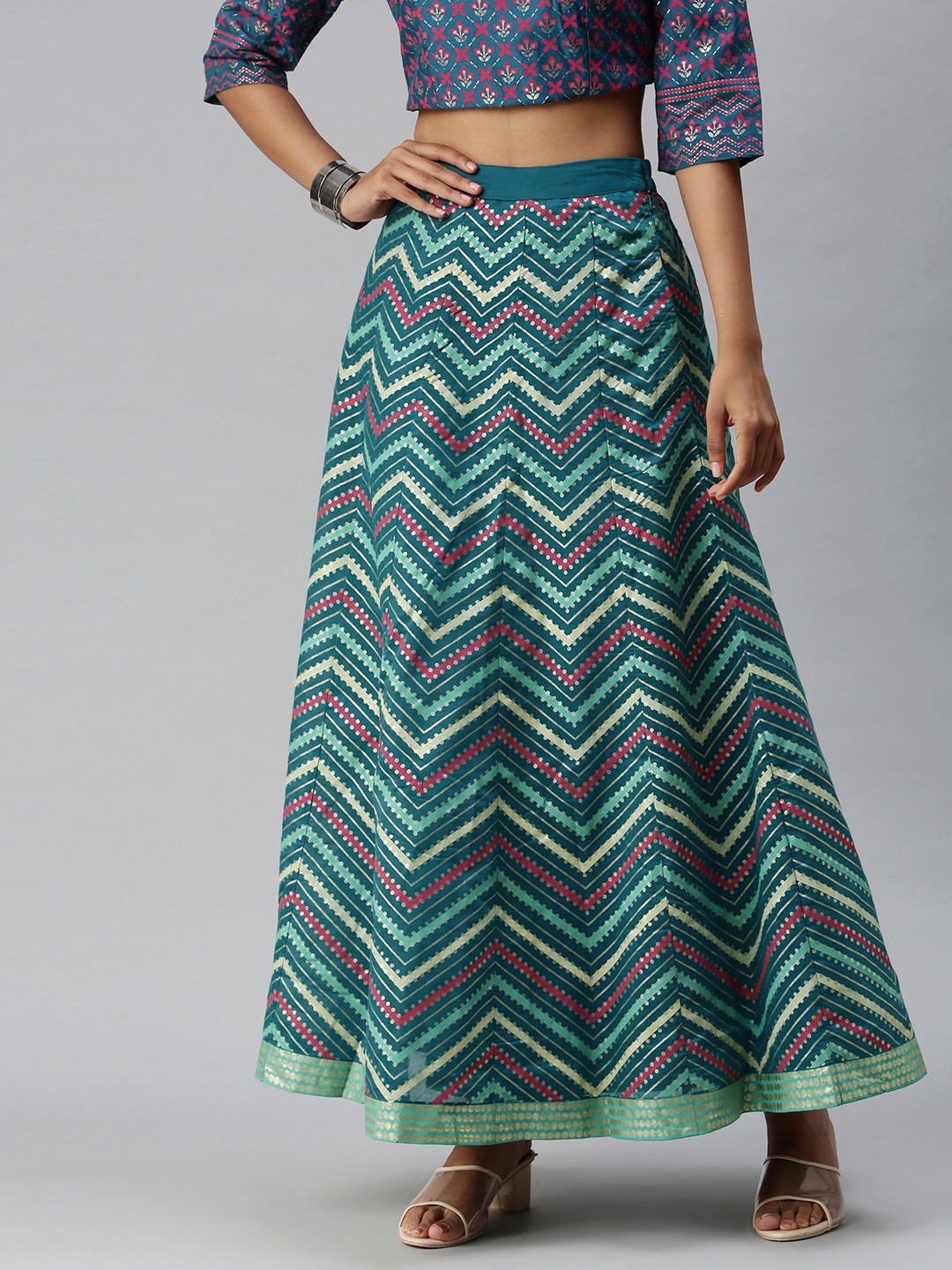 

Global Desi Women Blue Geometric Printed Flared Maxi Skirt