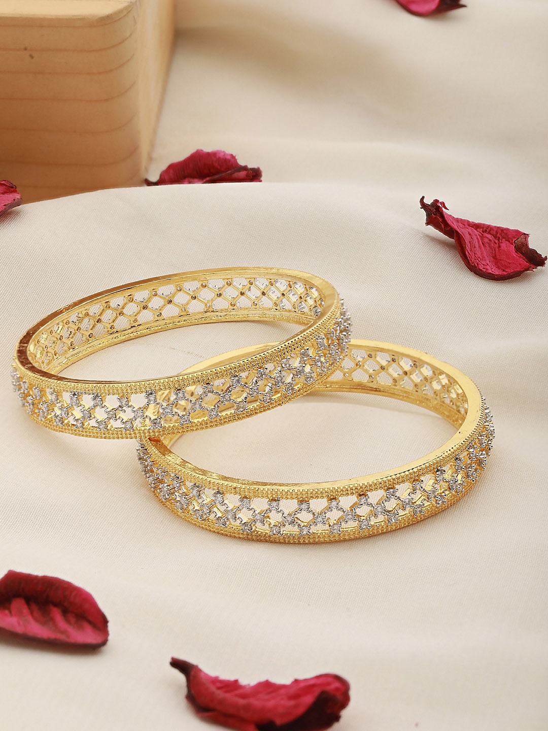 

Saraf RS Jewellery Set Of 2 Gold-Plated White AD-Studded Handcrafted Bangles