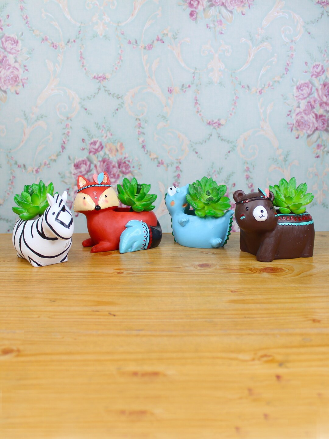 

Wonderland Set of 4 Resin Fox, Bear, Dragon & Zebra Planters, White