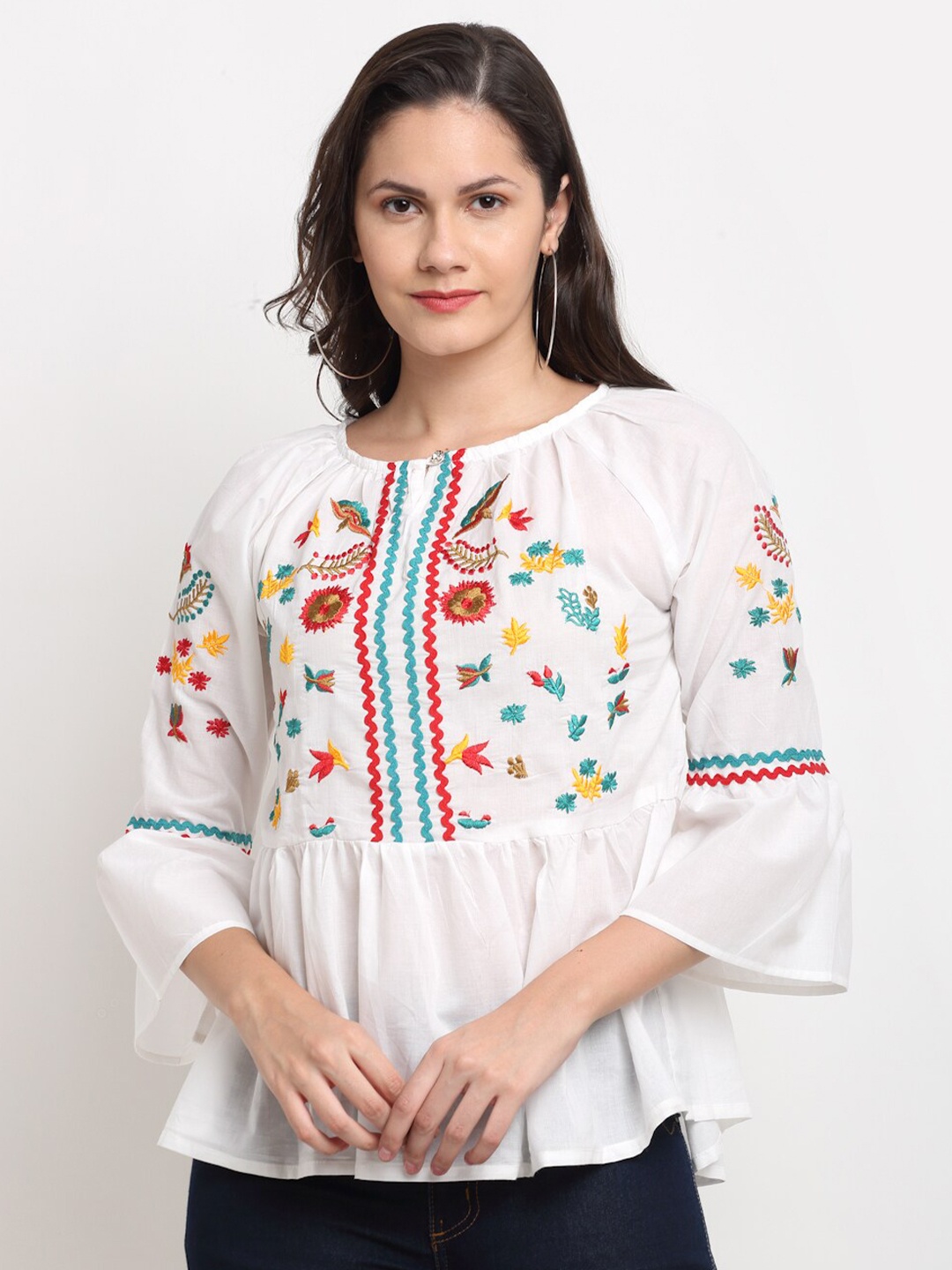 

Miaz Lifestyle Women White & Red Floral Embroidered Peplum Top