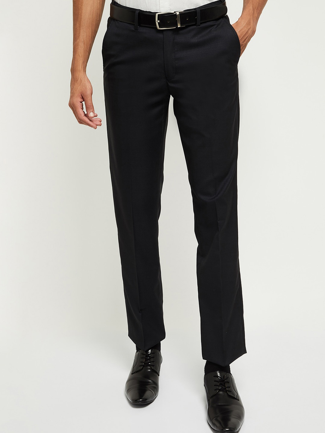

max Men Navy Blue Regular Fit Textured Formal Trousers