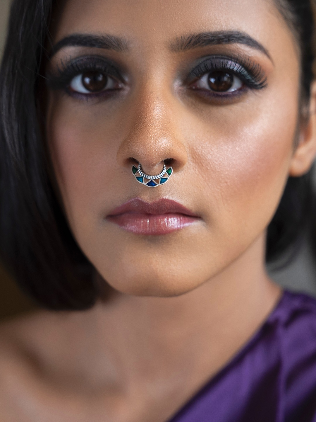 

SHAYA Oxidized Silver-Toned & Blue Enameled Handcrafted Septum Nosering
