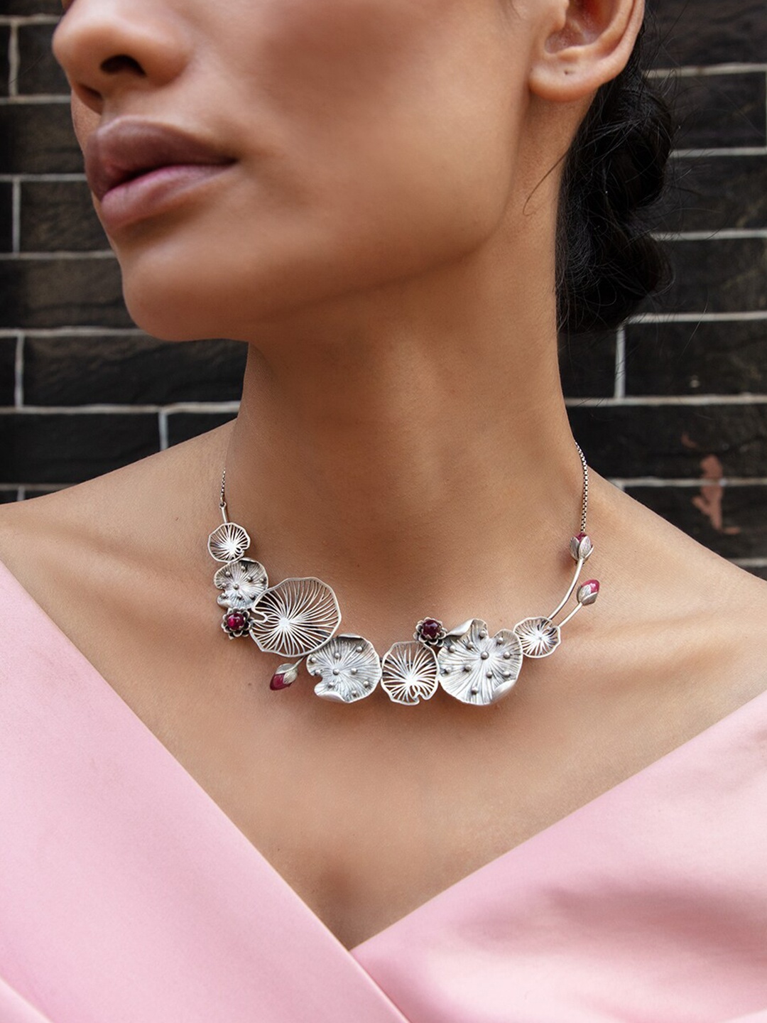 

SHAYA Women Silver-Toned Artificial Stone Studded Oxidized Statement Necklace