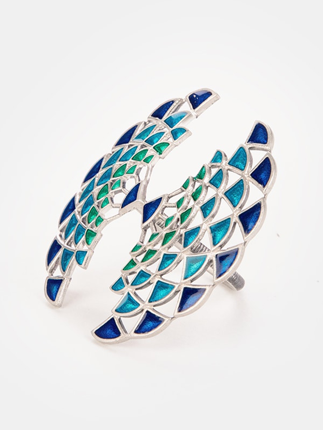 

SHAYA Oxidized Silver-Toned & Blue Stone-Studded Enameled Handcrafted Finger Ring