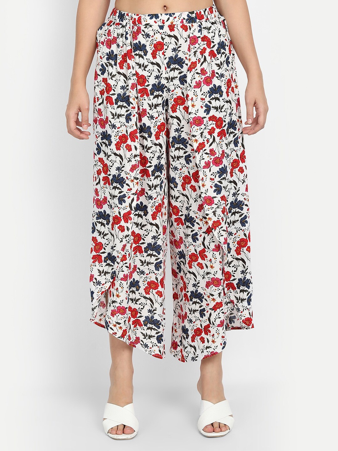 

IX IMPRESSION Women White & Red Floral Printed Flared Palazzos