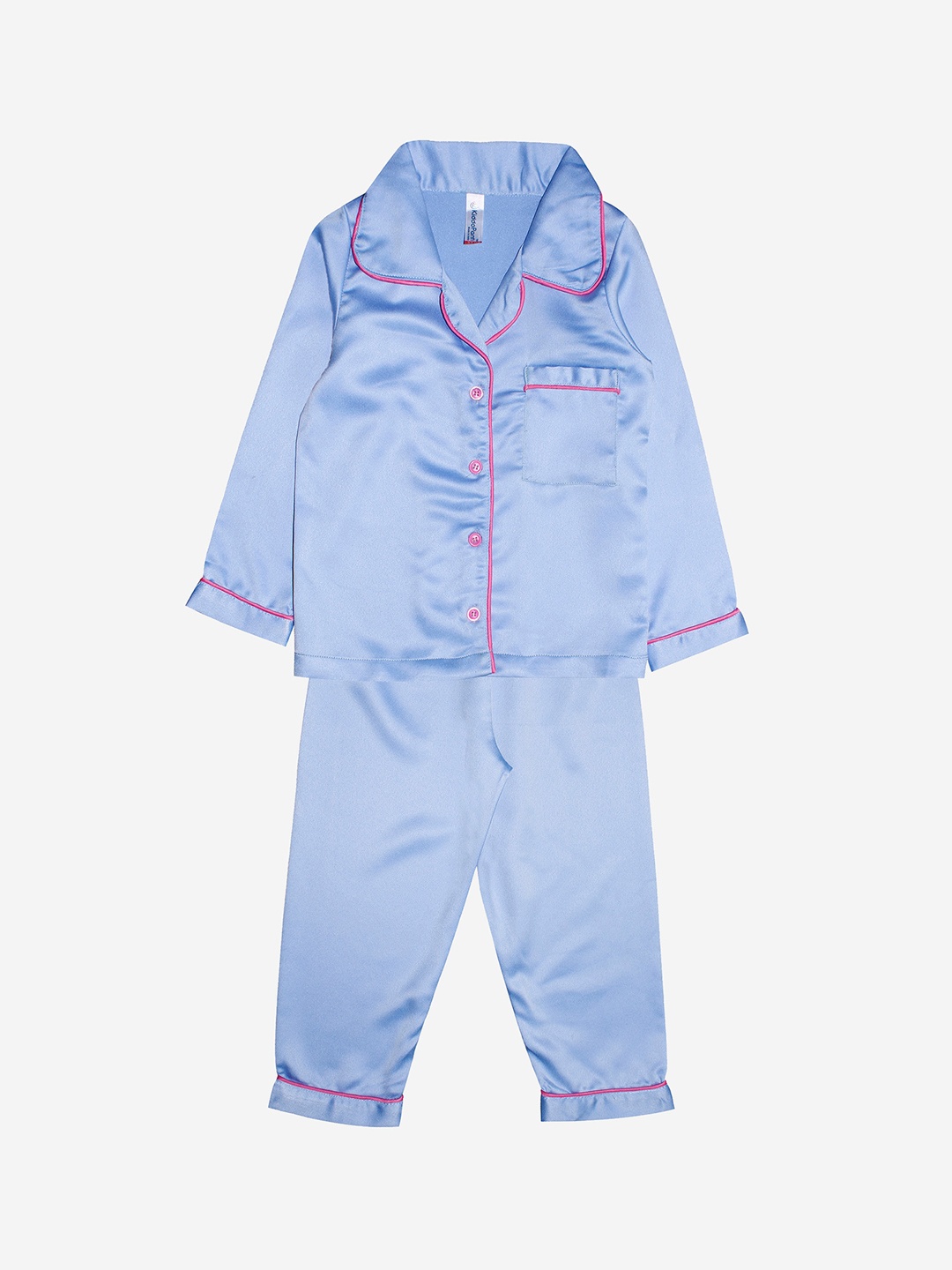 

KiddoPanti Girls Blue Solid Front Open Shirt And Pyjama Night Suit