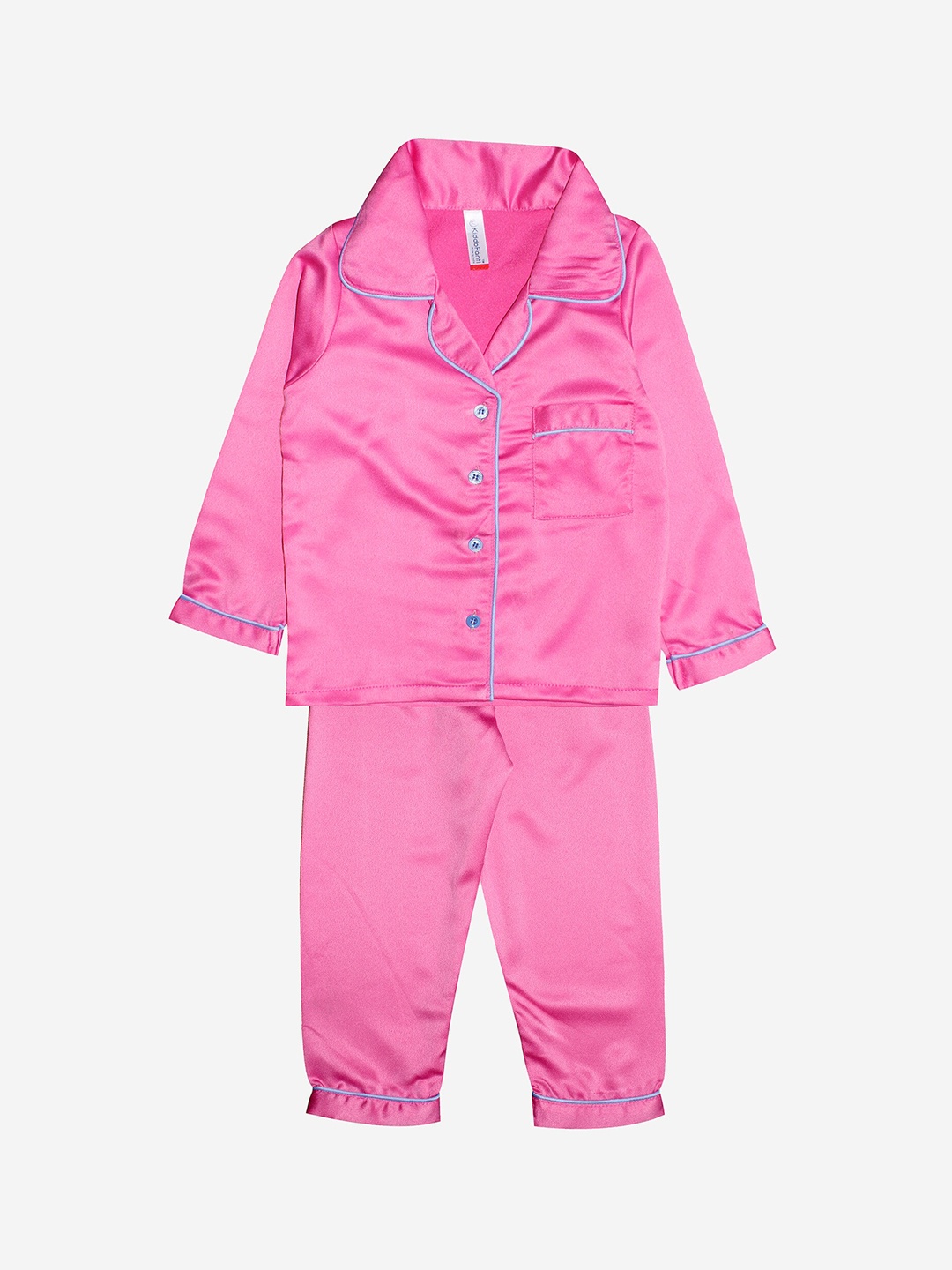 

KiddoPanti Girls Pink Solid Front Open Shirt And Pyjama Night Set