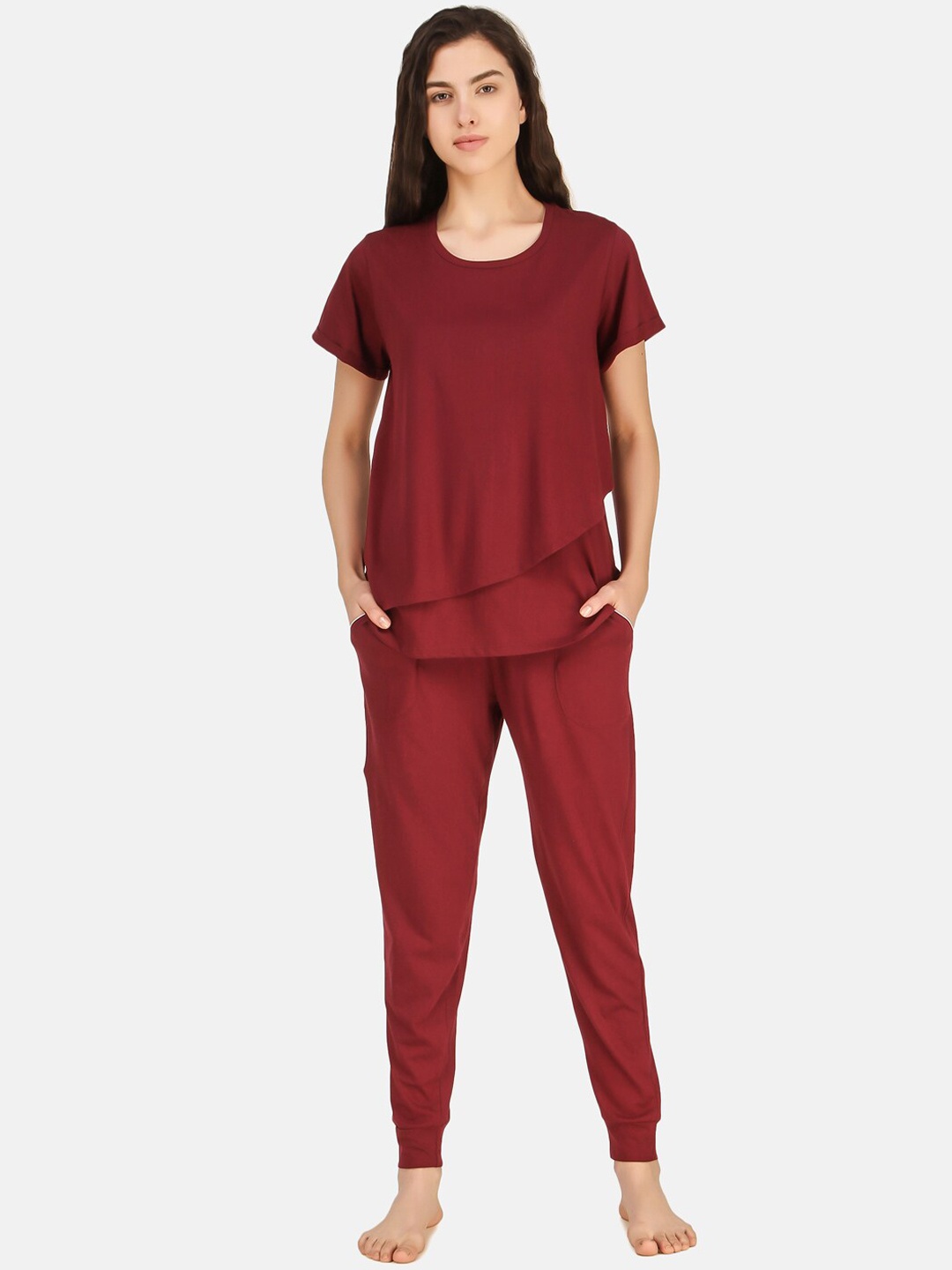 

Masha Women Maroon Cotton Solid Maternity Top and Pyjama Set