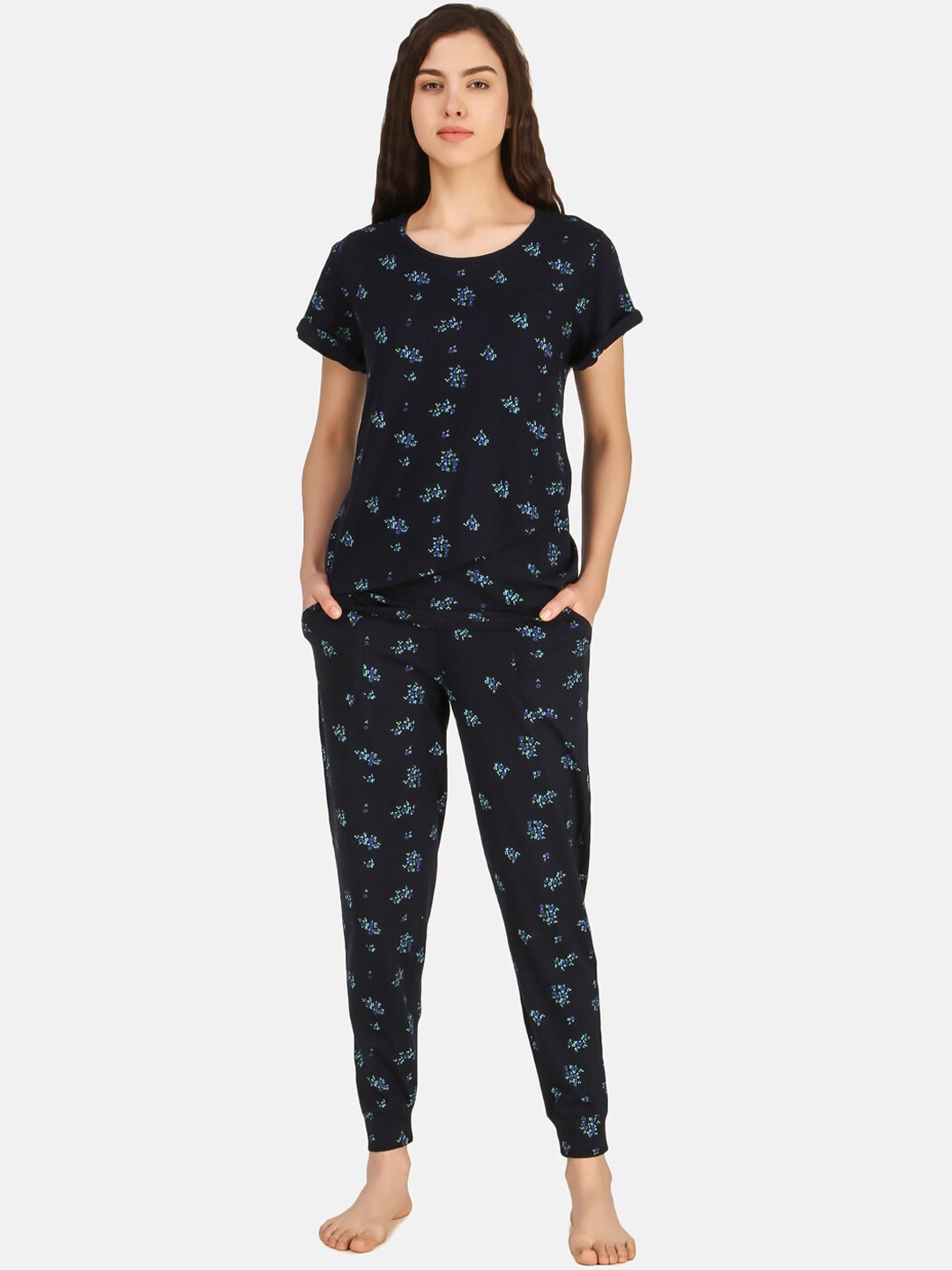 

Masha Women Navy Blue Floral Printed Pyjama Set