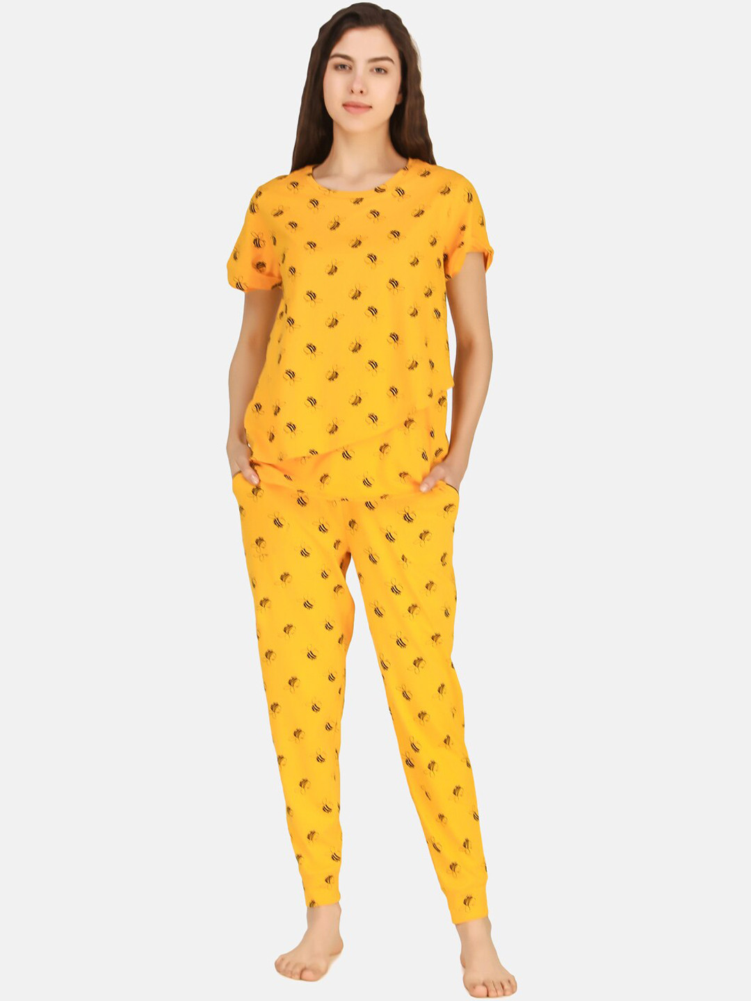 

Masha Women Yellow Printed Pure Cotton Maternity Top and Pyjama Set