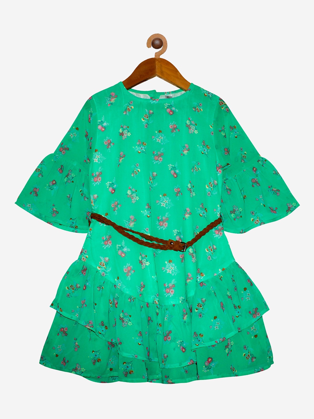 

KiddoPanti Girls Green & Pink Floral Printed Layered Belted Georgette Dress