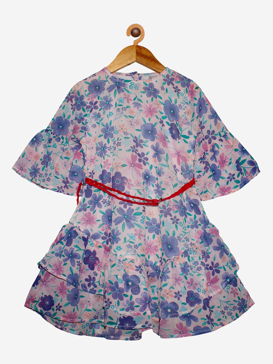 

KiddoPanti Girls Pink & Blue Floral Printed Layered Belted Georgette Dress