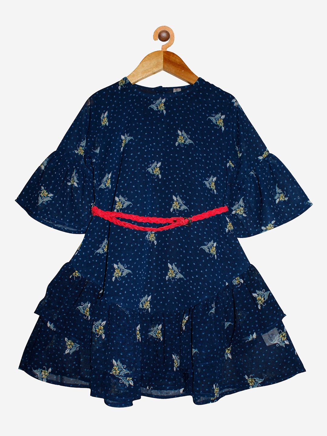 

KiddoPanti Girls Navy Blue & White Printed Layered Belted Georgette Dress