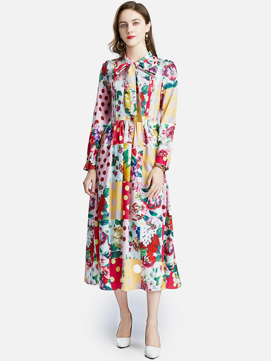 

JC Collection Women Yellow & Red Abstract Printed Tie-Up Neck Midi Dress