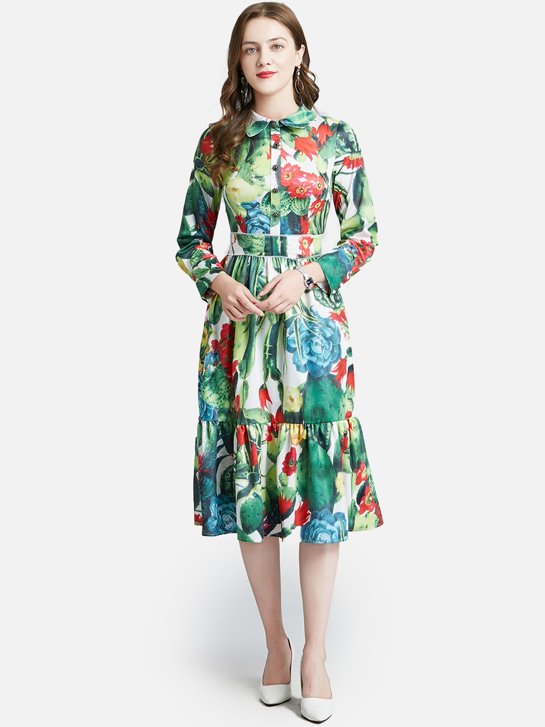 

JC Collection Women Green & Red Floral Printed Shirt Midi Dress