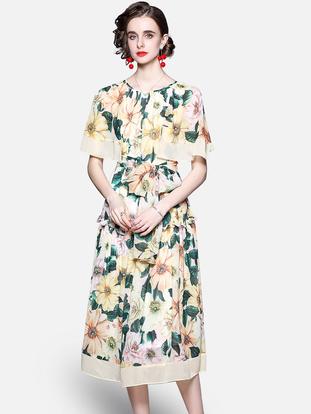 

JC Collection Women Yellow & Green Floral Printed Belted Midi Dress