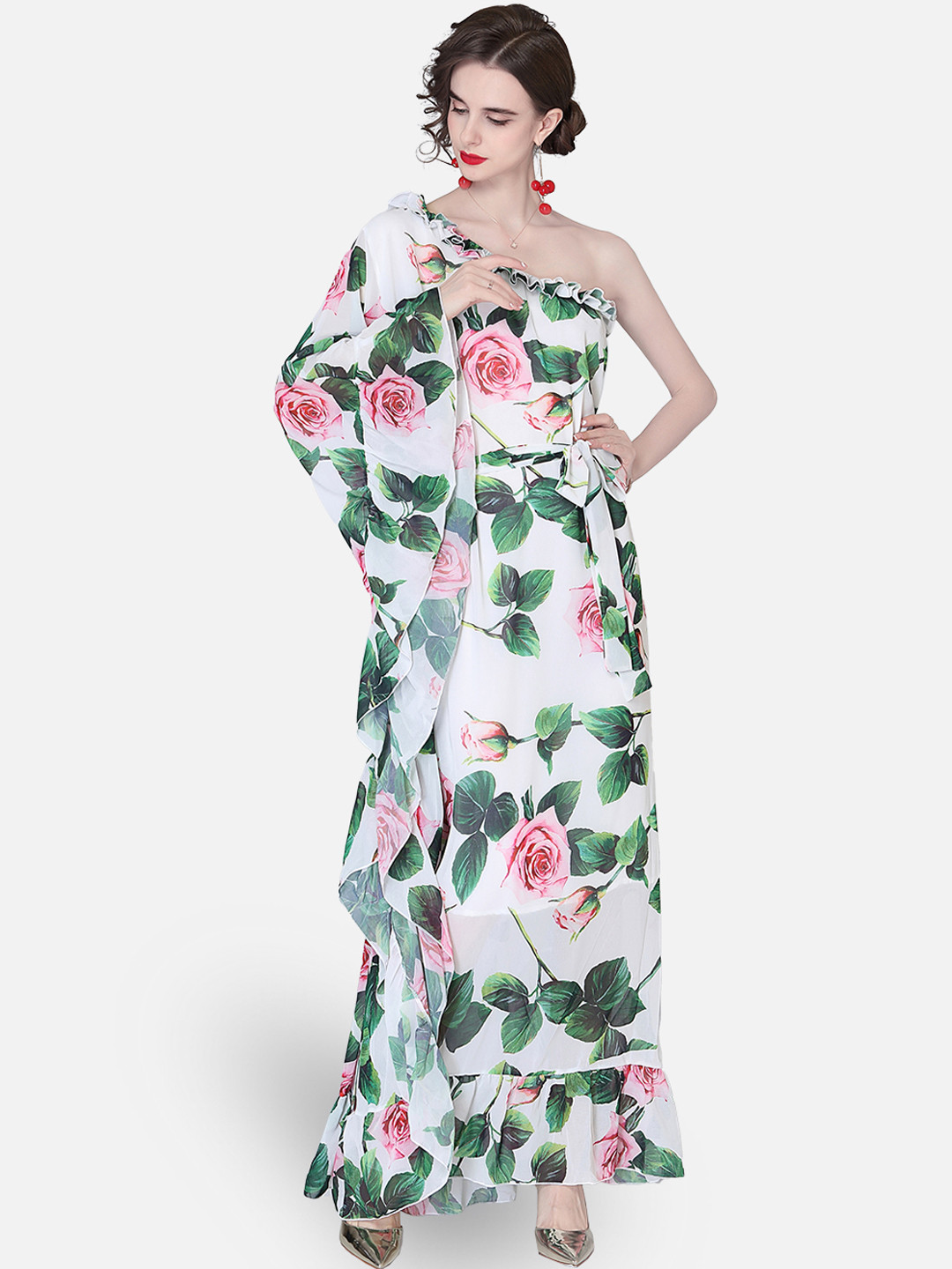

JC Collection Women White & Green Floral One Shoulder Maxi Dress