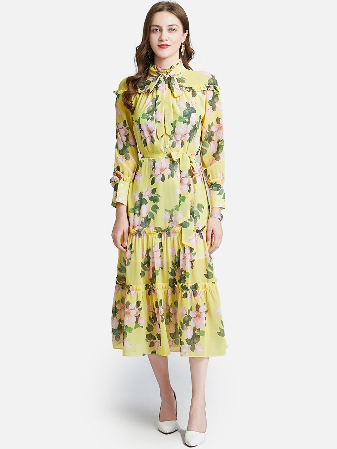 

JC Collection Women Yellow & Green Floral Tie-Up Neck Midi Dress