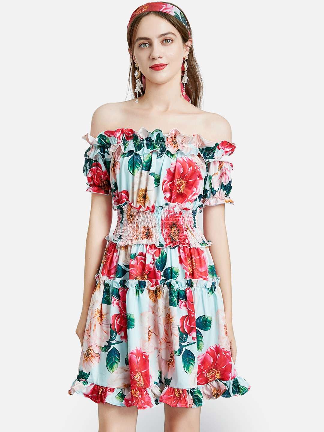 

JC Collection Women Red & Green Floral Off-Shoulder Dress