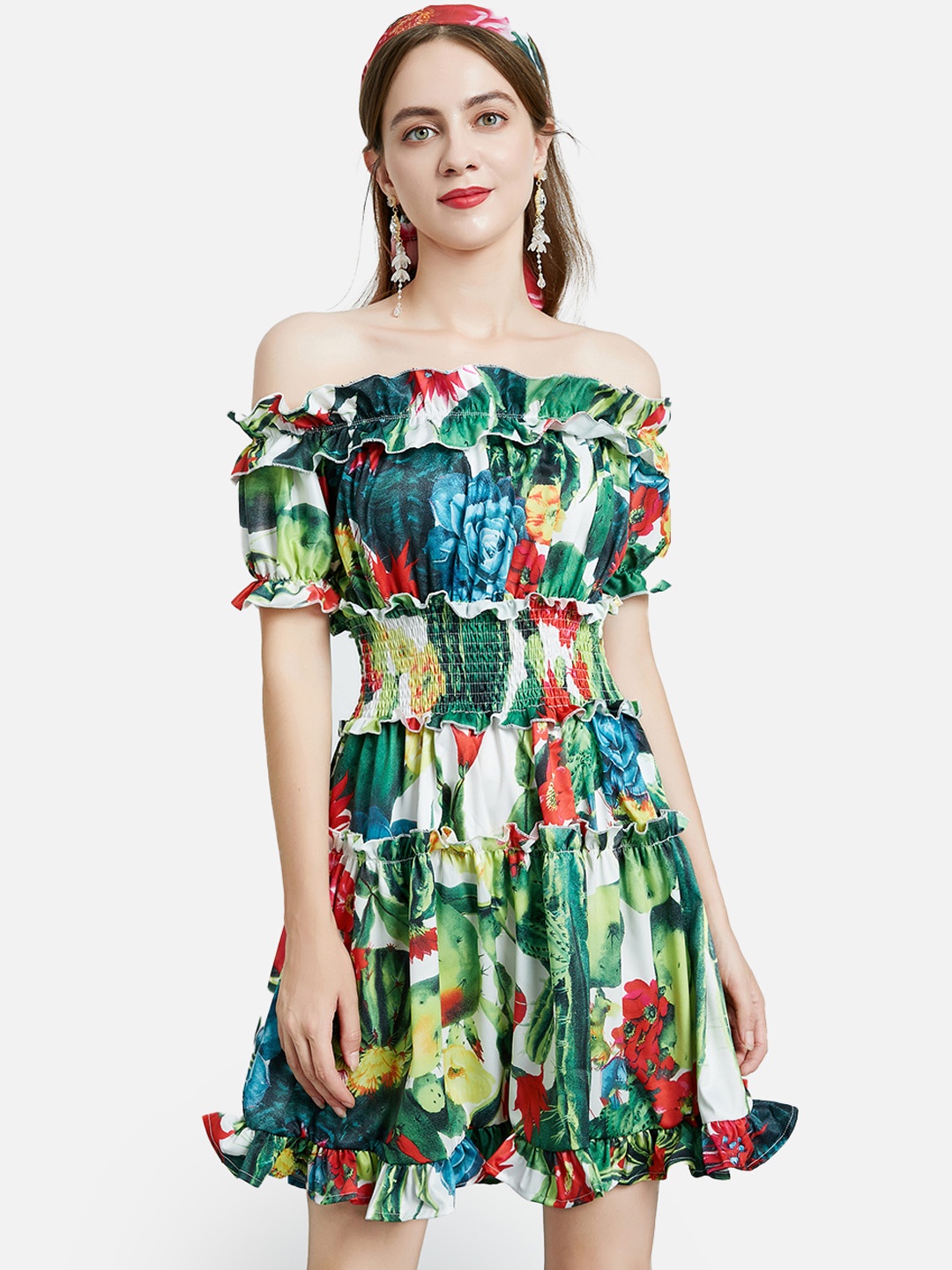 

JC Collection Women Green & Red Floral Off-Shoulder Dress