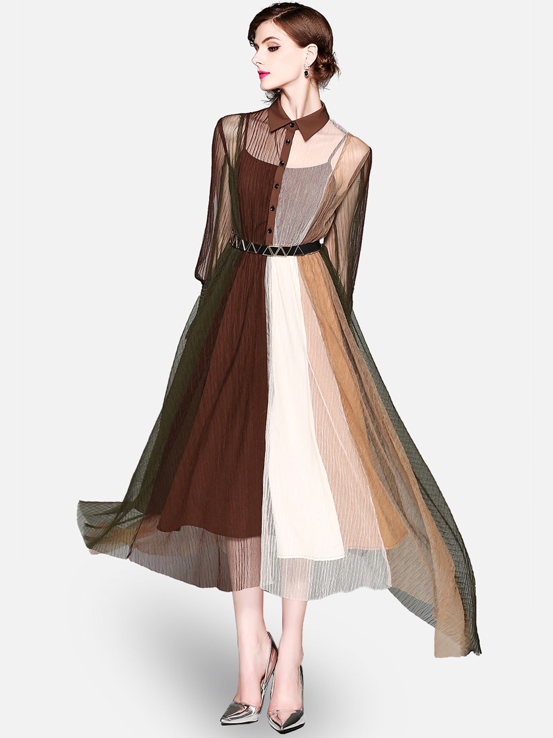

JC Collection Women Brown & White Belted Shirt Dress