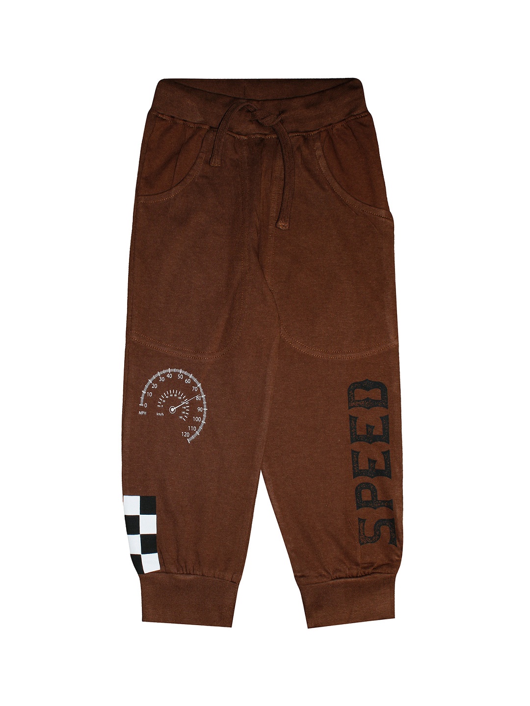 

KiddoPanti Kids Coffee Brown & Black Speed Printed Pure Cotton Joggers