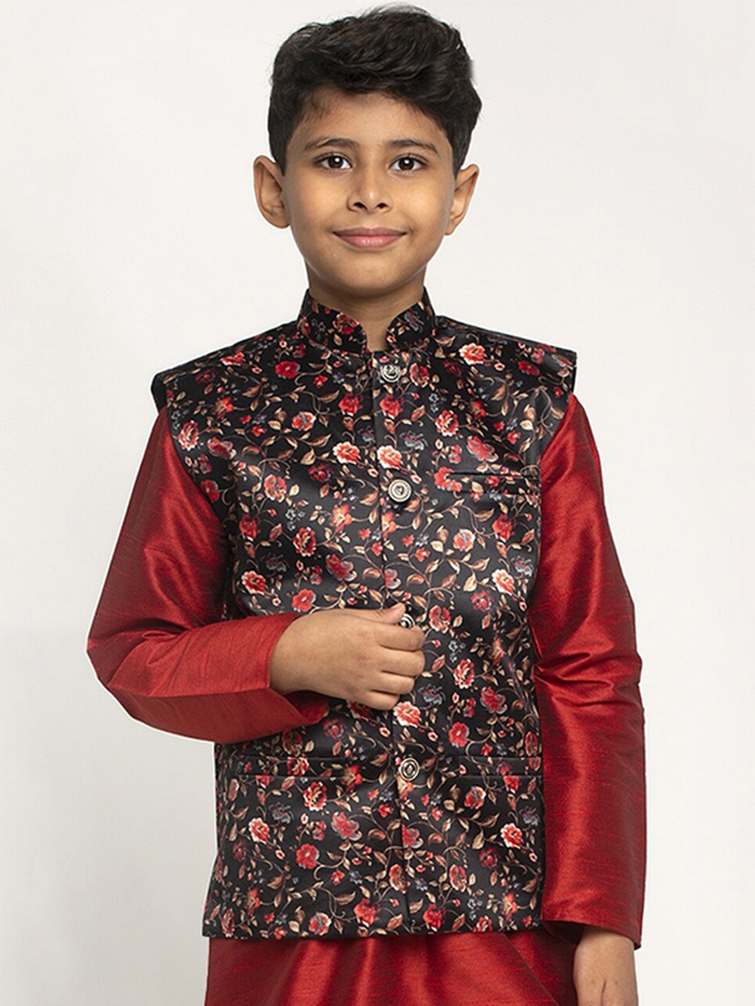 

KRAFT INDIA Boys Black & Red Printed Satin Nehru Jacket