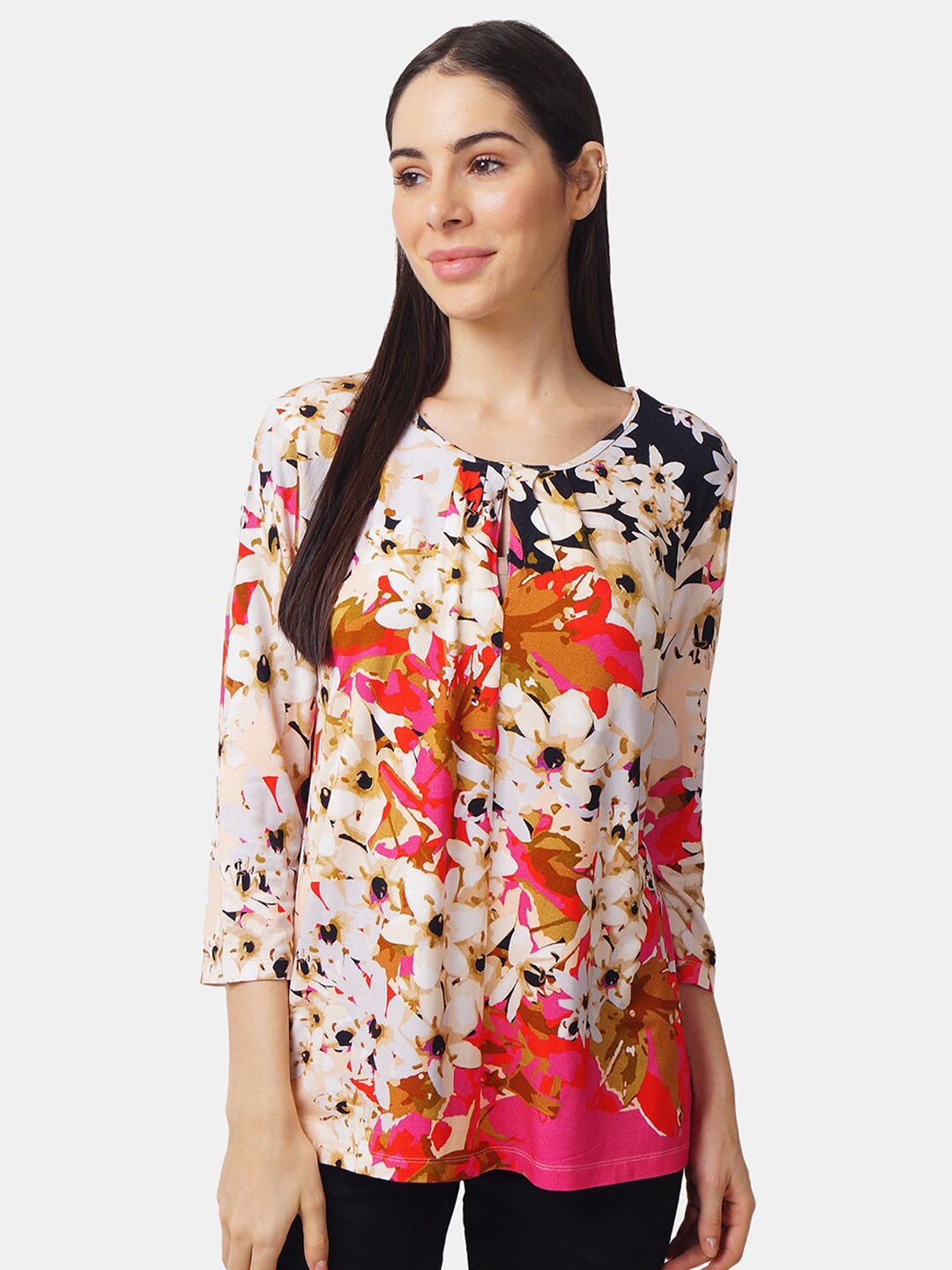 

IX IMPRESSION Women Off White & Pink Floral Printed Top