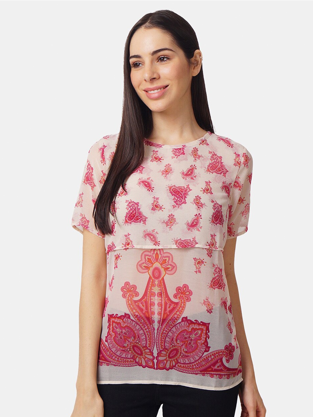 

IX IMPRESSION Women Pink & Yellow Paisley Printed Georgette Top