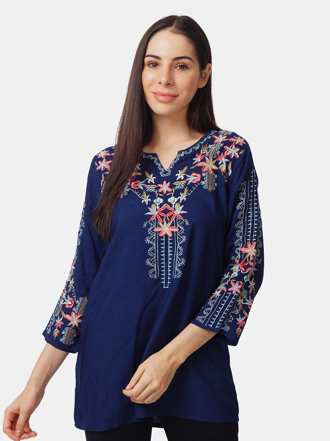 

IX IMPRESSION Women Navy Blue & Red Floral Embroidered A-Line Top