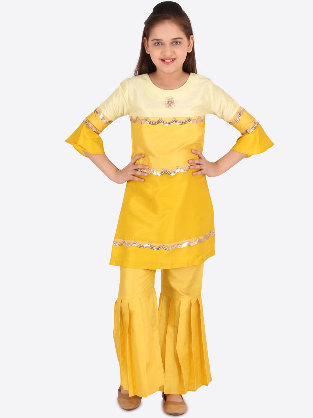 

CUTECUMBER Girls Yellow & Silver-Toned Sequinned Kurta with Sharara