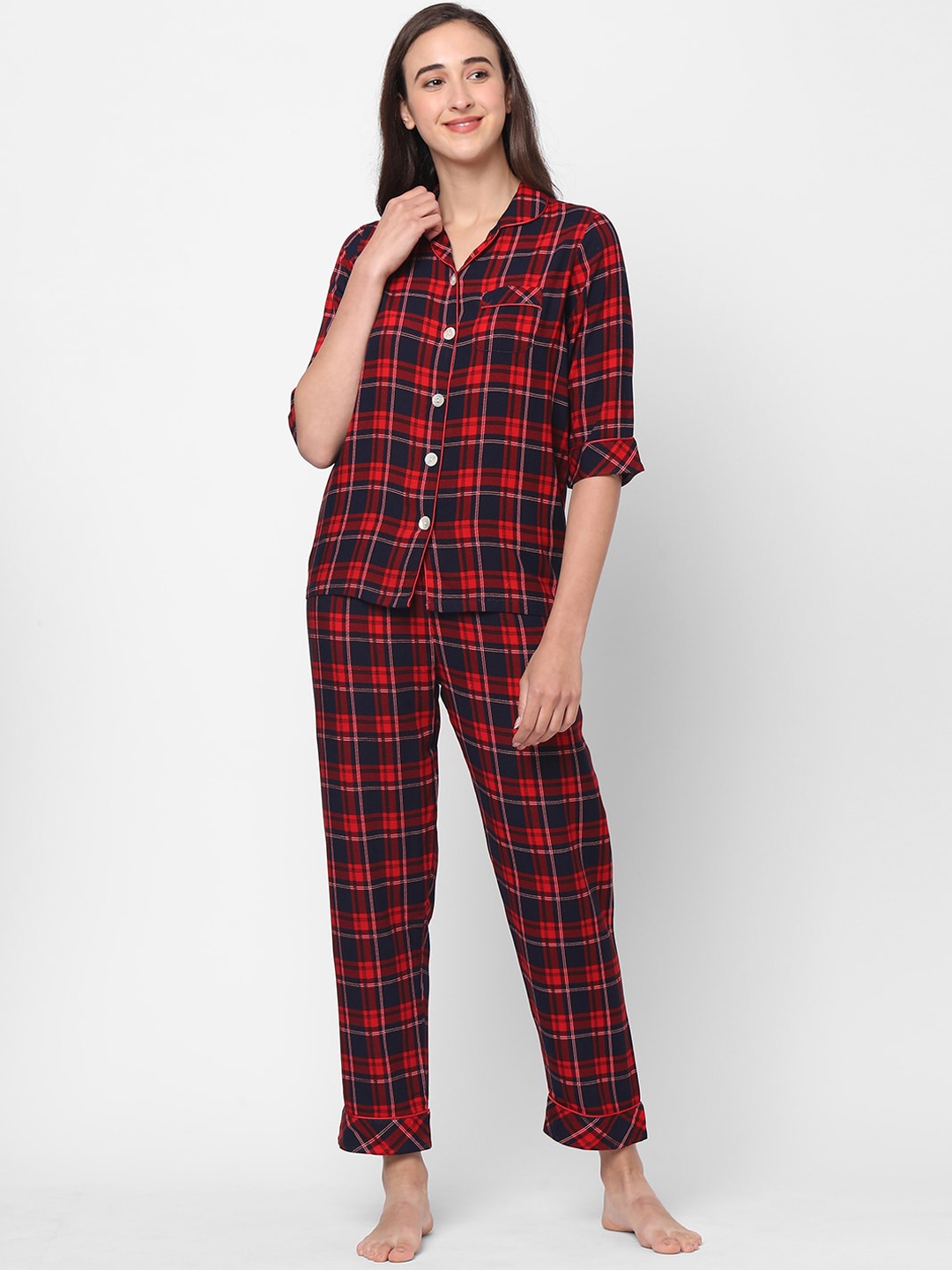 

Sweet Dreams Women Red & Black Checked Night Suit