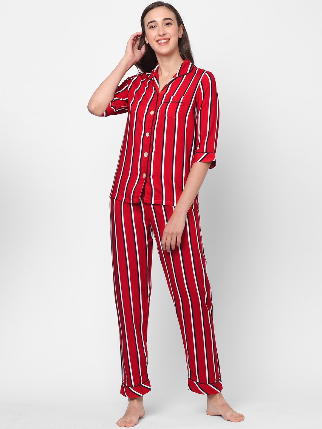 

Sweet Dreams Women Red & White Striped Night suit