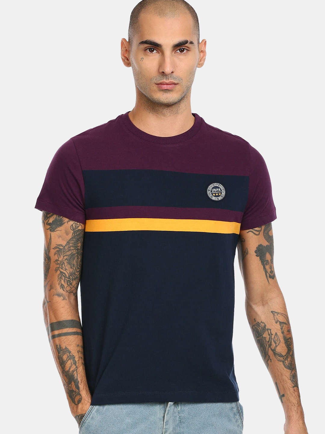 

U S Polo Assn Men Purple Black Colourblocked Pure Cotton T-shirt