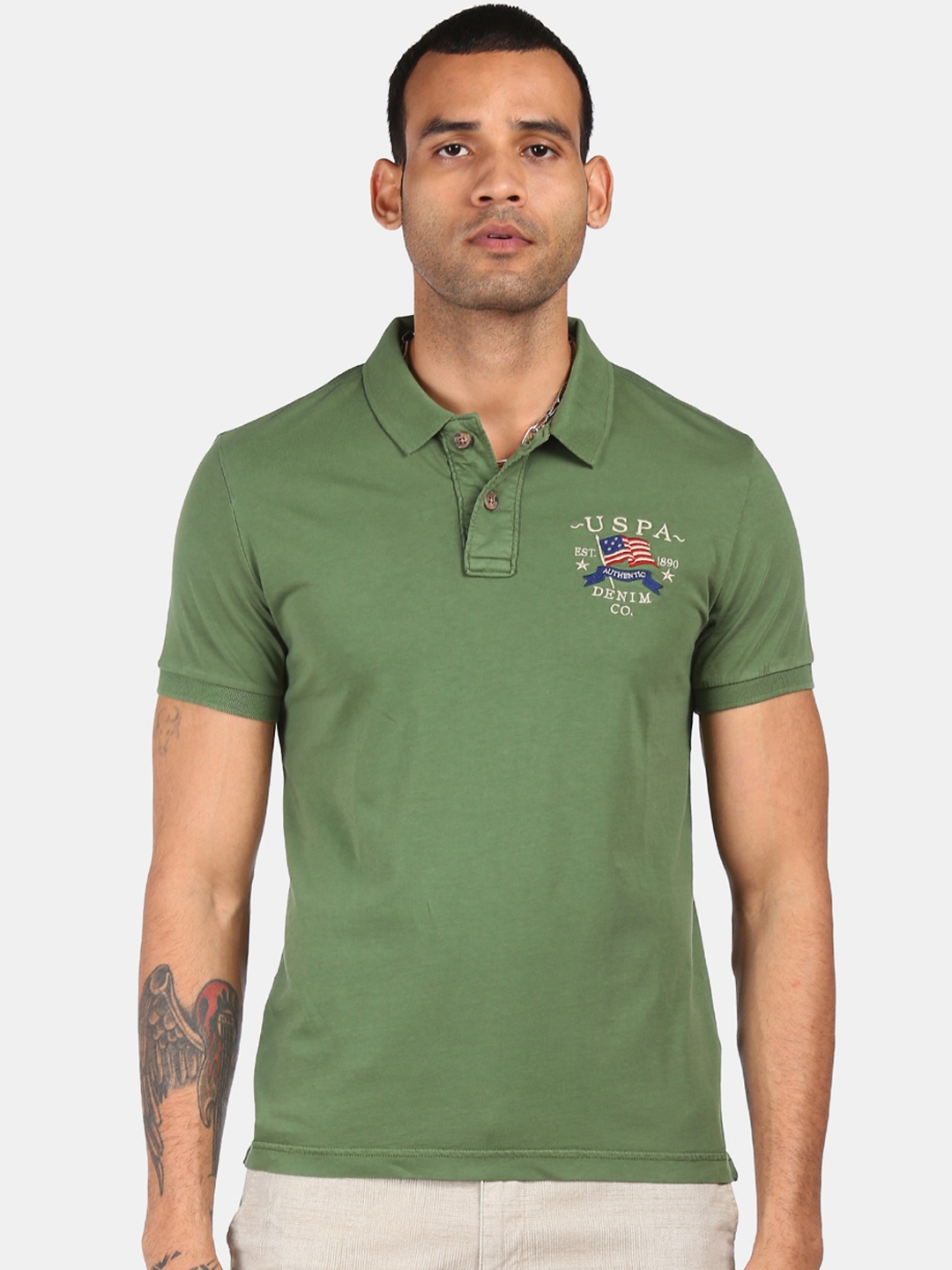 

U.S. Polo Assn. Denim Co. Men Green Brand Logo Polo Collar Pure Cotton T-shirt