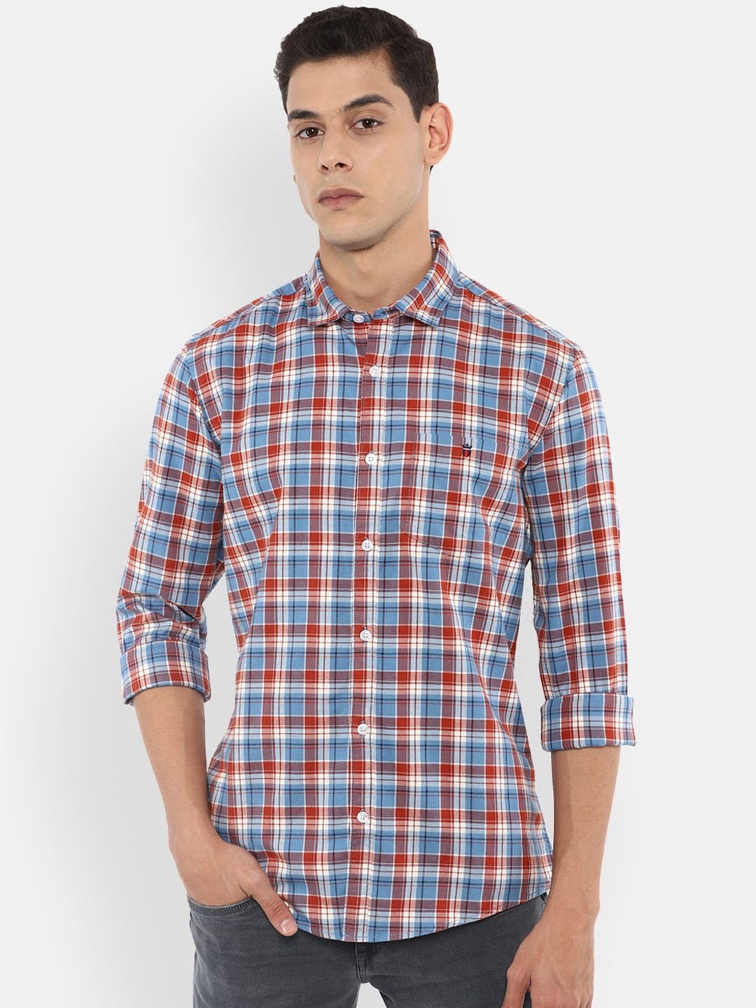 

Louis Philippe Jeans Men Blue Slim Fit Checked Pure Cotton Casual Shirt