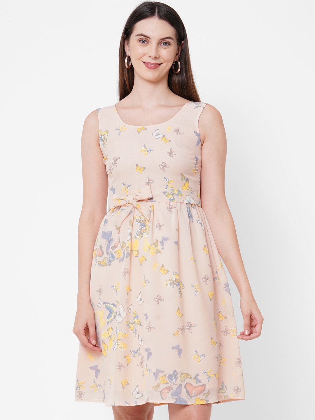 

MISH Women Peach-Coloured & Yellow Floral Georgette Fit & Flare Dress