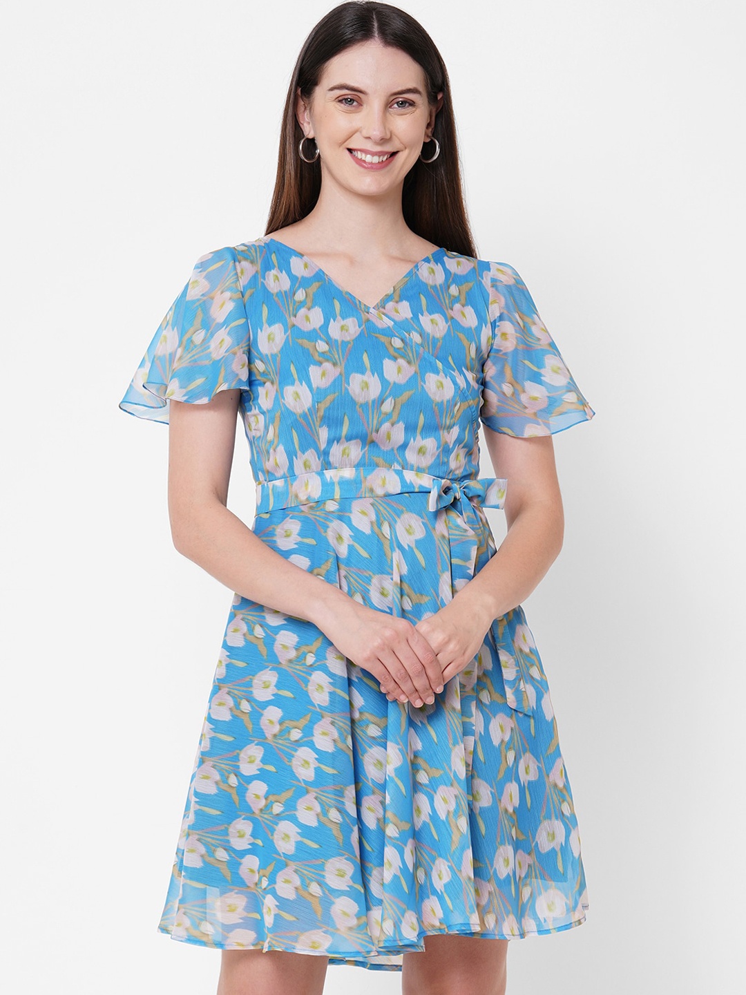 

MISH Women Blue & White Floral Georgette Dress