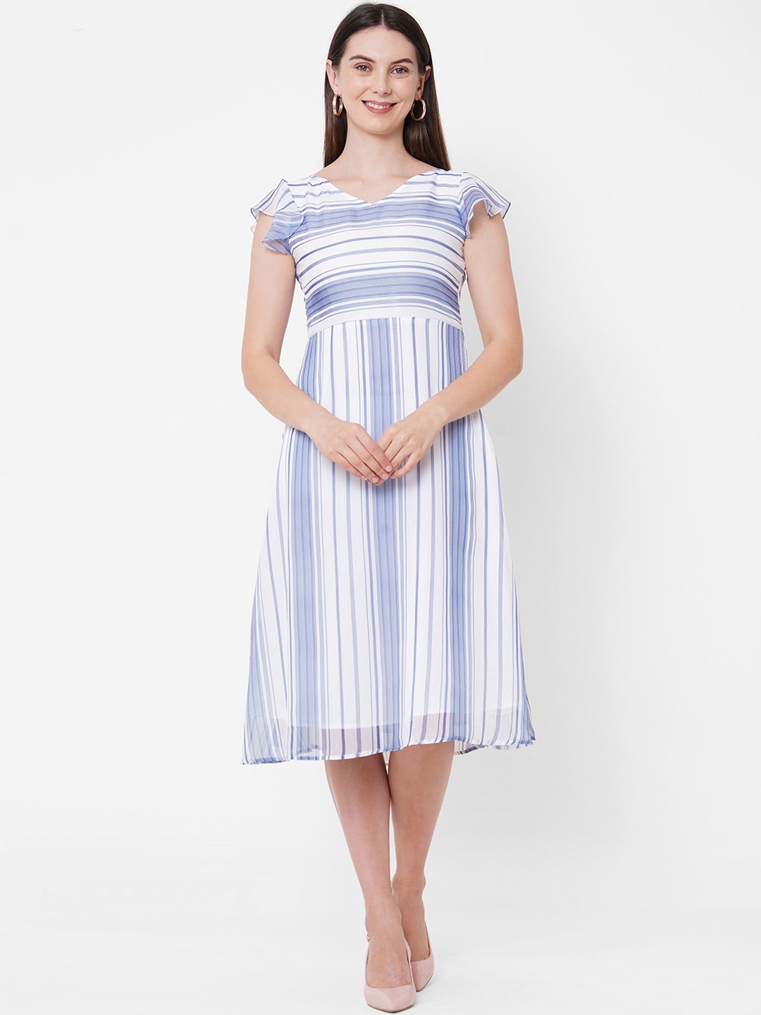 

MISH Women White & Blue Striped Chiffon Midi Dress