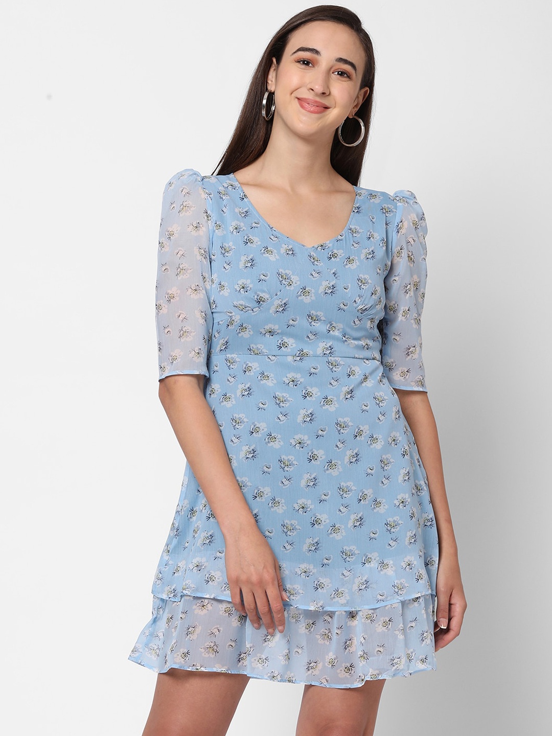 

MISH Women Blue & White Floral Layered Chiffon A-Line Dress