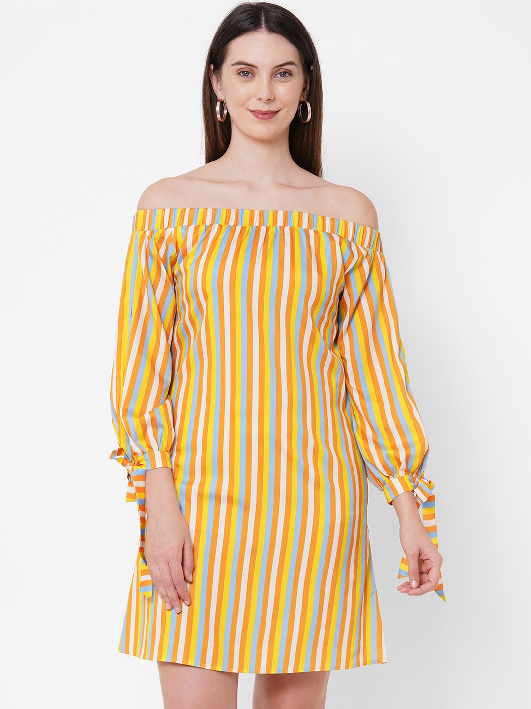 

MISH Yellow Striped Off-Shoulder Crepe A-Line Dress