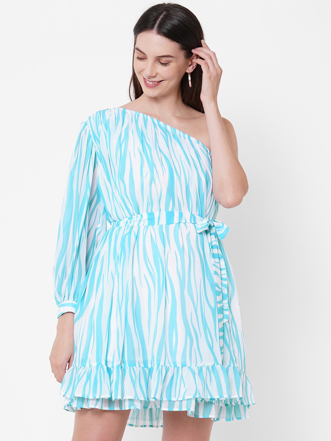 

MISH Women White & Blue Striped One Shoulder Georgette A-Line Dress