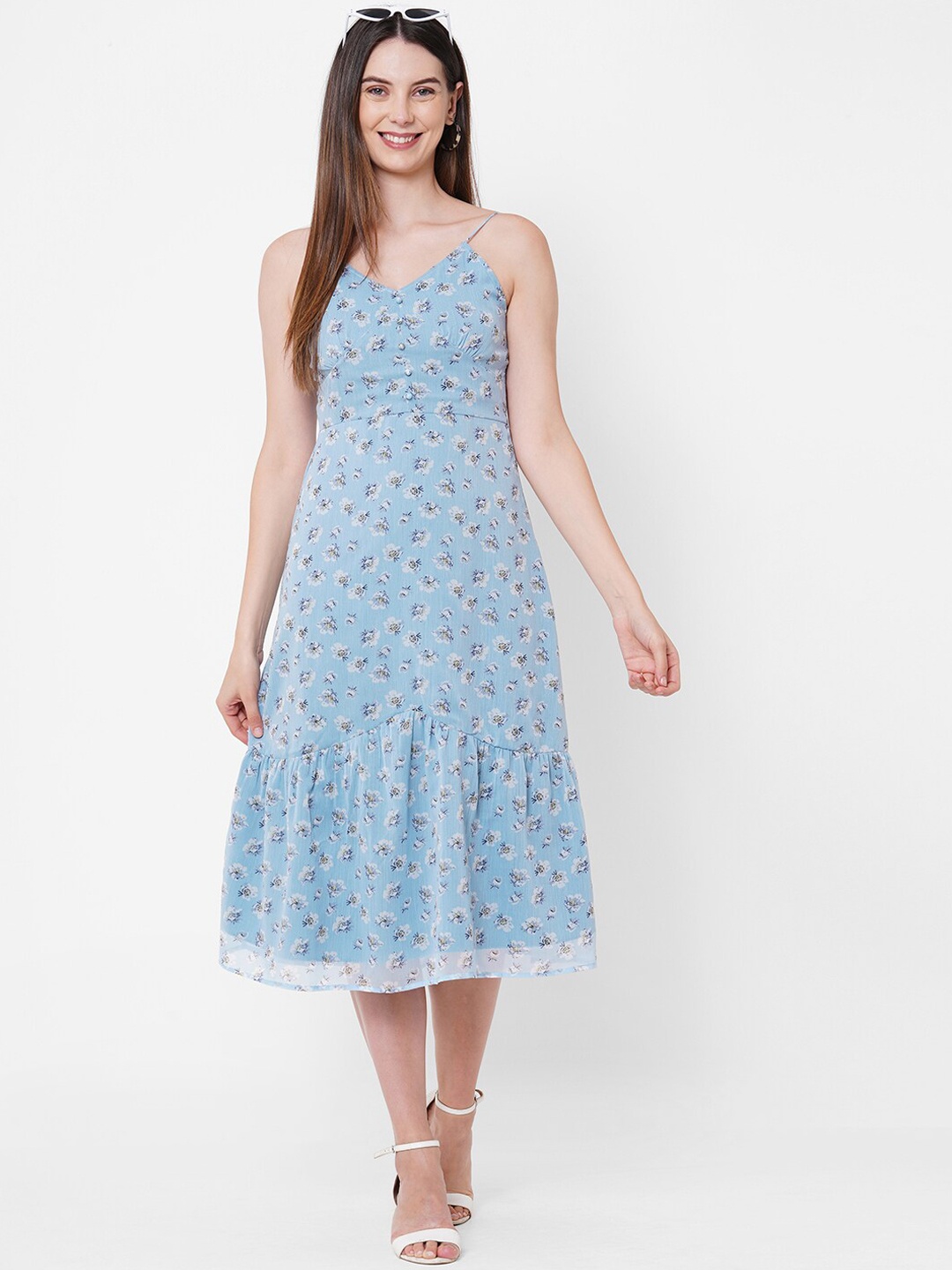 

MISH Women Blue & White Floral Chiffon Midi Dress