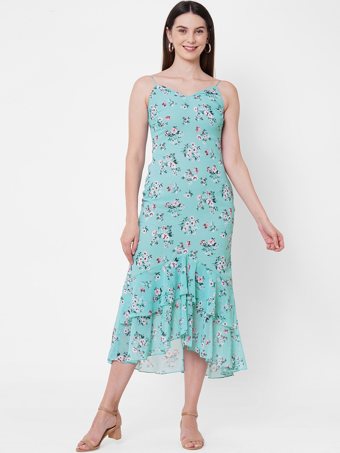 

MISH Women Sea Green & White Floral Georgette Midi Dress