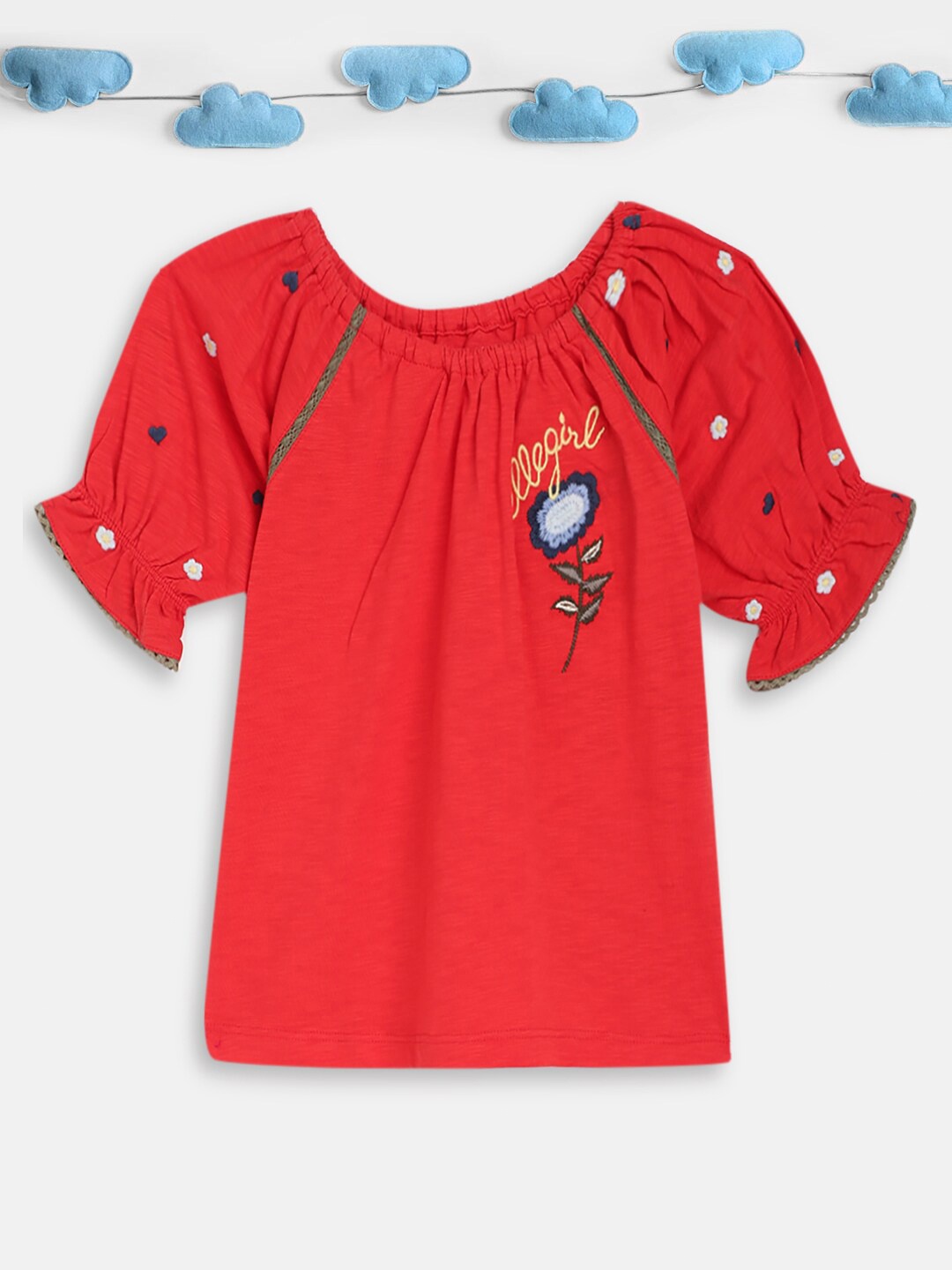 

ELLE Girls Red Embroidered Regular Top